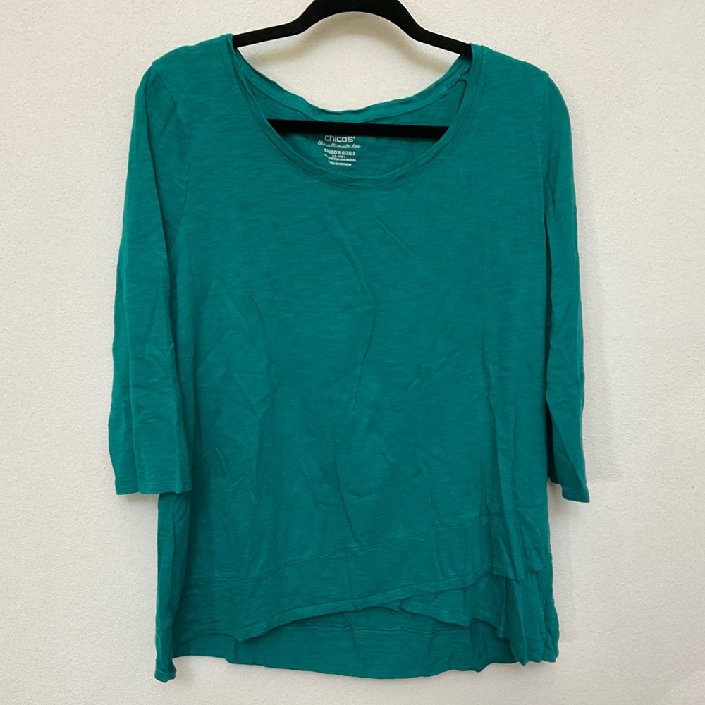 Chicos The Ultimate Tee Teal Layered Bottom 3/4 Sleeve Top Size 2 US Large